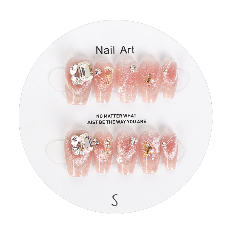 Party Nail Quick Manicure Soft Pink Sapphire Ruby Cat Eye Stone Rhinestone Handmade