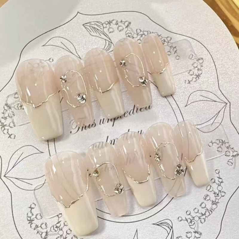 Three length Coffin Press-on Nail French Manicure Rhinestones Nude Color Professional Manufacture