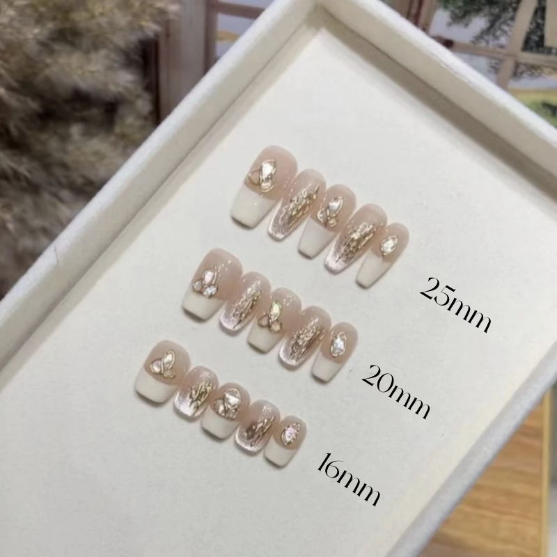 Three length Coffin Press-on Nail French Manicure Rhinestones Nude Color Professional Manufacture